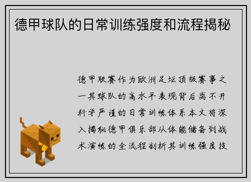 德甲球队的日常训练强度和流程揭秘