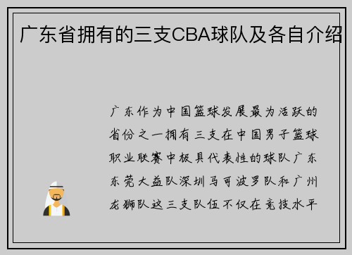 广东省拥有的三支CBA球队及各自介绍