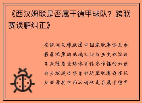 《西汉姆联是否属于德甲球队？跨联赛误解纠正》